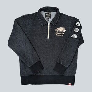 Roots Canada 1/4 Zip Sweatshirt Mens Small Embroidered Patches Beaver Logo